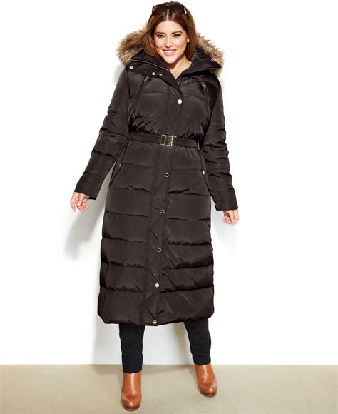 michael michael kors hooded faux fur trim belted down maxi puffer